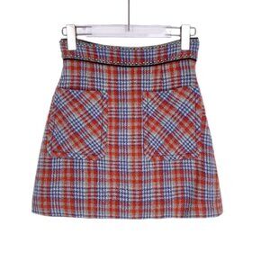 Miu Miu Plaid Wool Mini Skirt With Studded Waistband Size 38 Red & Blue Pattern